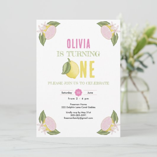 レモンテーマファースト誕生日ガール招待状 招待状 (スタンド正面)