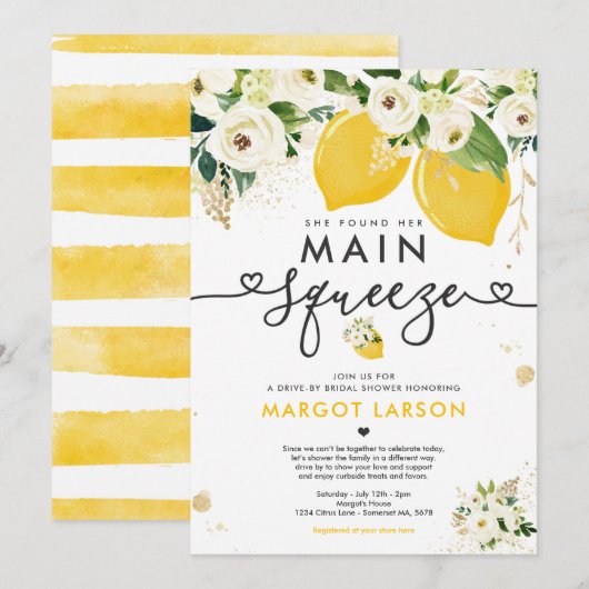 レモンドライブバイブライダルシャワーレモンメインスクイーズ 招待状 (正面/裏面)