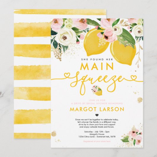 レモンドライブバイブライダルシャワーレモンメインスクイーズ 招待状 (正面/裏面)