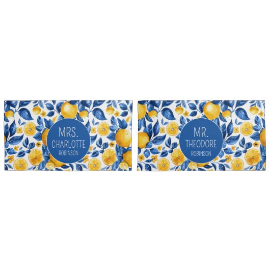 レモンパターントロピカルフルーツカスタムカップル名 枕カバー (正面-セット)