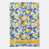 レモンパターントロピカルフルーツカスタムファミリー名 キッチンタオル (縦)