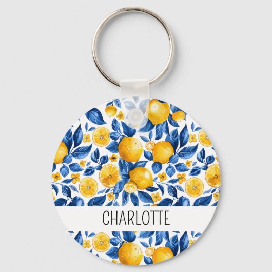 レモンパターントロピカルフルーツパーソナライズされた名 キーホルダー (正面)