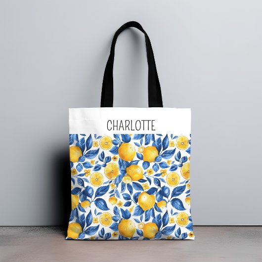 レモンパターントロピカルフルーツパーソナライズされた名 トートバッグ