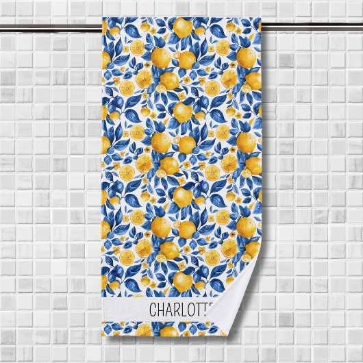 レモンパターントロピカルフルーツパーソナライズされた名 バスタオル
