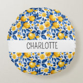 レモンパターントロピカルフルーツパーソナライズされた名 ラウンドクッション (正面)