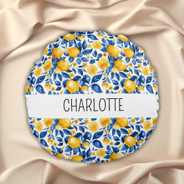 レモンパターントロピカルフルーツパーソナライズされた名 ラウンドクッション