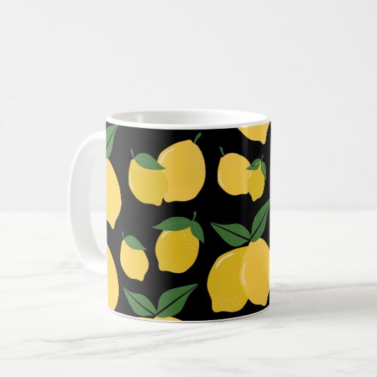 レモンパターンレトロフルーツイエローオンブラック コーヒーマグカップ (正面左)
