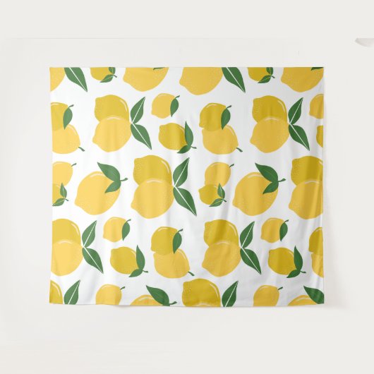 レモンパターンレトロフルーツイエローオンホワイト タペストリー (正面(横))