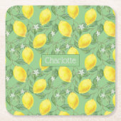 レモンパターン名前をカスタムする黄緑色 スクエアペーパーコースター (正面)