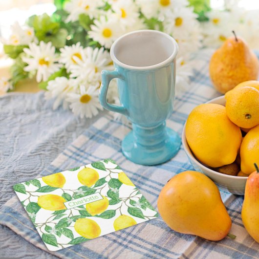 レモンパターン名前をカスタムする黄 スクエアペーパーコースター