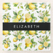レモンパターン，レモンフラワー離れズ，お名前 ガラスコースター (正面)