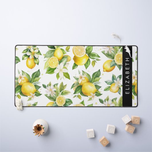 レモンパターン，レモンフラワー離れズ，お名前 デスクマット (キッズテーブル)