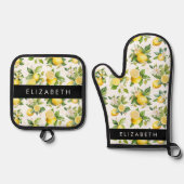 レモンパターン,レモンフラワー離れズ,お名前 鍋つかみ&鍋敷きセット (正面)