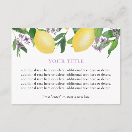 レモンパープルブライダルシャワーレジストリまたは詳細 エンクロージャーカード (裏面)