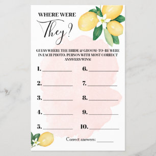 レモンピンクのブライダルシャワーゲームカード チラシ