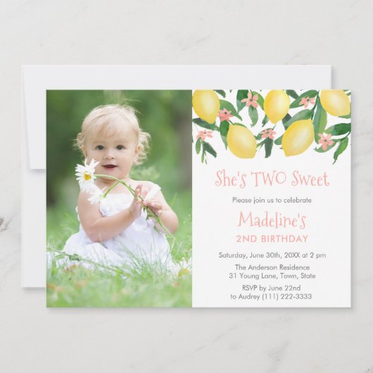 レモンピンクツースイートガールバースデーパーティー写真 招待状 (正面)
