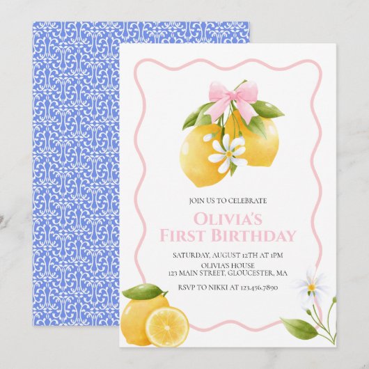 レモンピンクボウ可愛らしいコケット誕生日招待状 招待状 (正面/裏面)