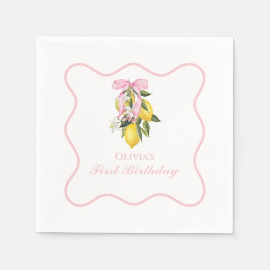 レモンピンクボウ名門私立校風のコケット1歳の誕生日 スタンダードカクテルナプキン (正面)