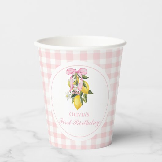 レモンピンクボウ名門私立校風のコケット1歳の誕生日 紙コップ (正面)