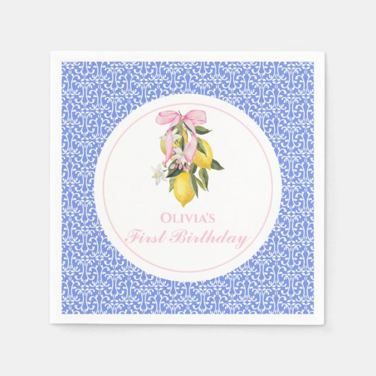 レモンピンクボウ名門私立校風の1歳の誕生日 スタンダードカクテルナプキン (正面)