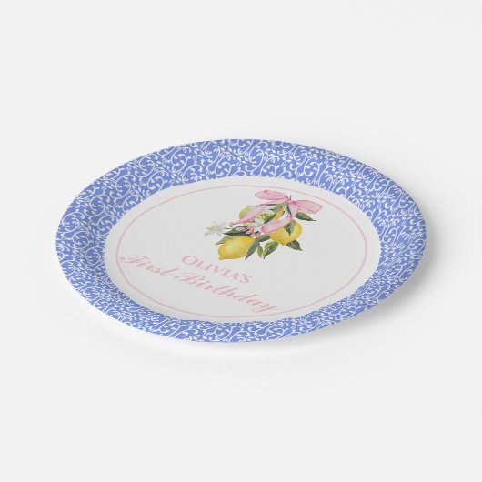 レモンピンクボウ名門私立校風の1歳の誕生日 ペーパープレート (アングル)