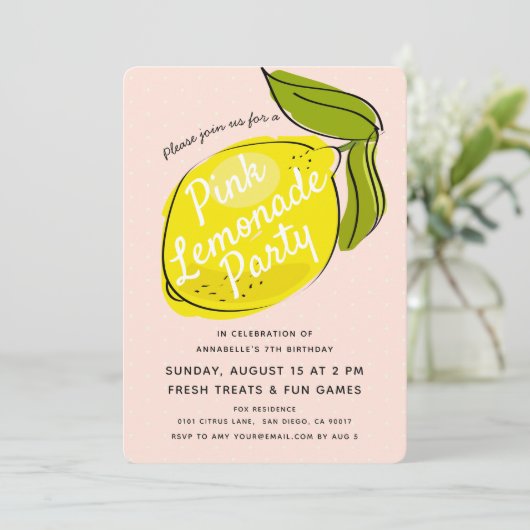 レモンピンク淡い色のレモネード誕生日パーティーの招待状 招待状 (スタンド正面)