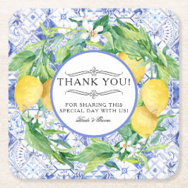 レモンファームグリーン素朴リーリースブルーホワイトタイル スクエアペーパーコースター