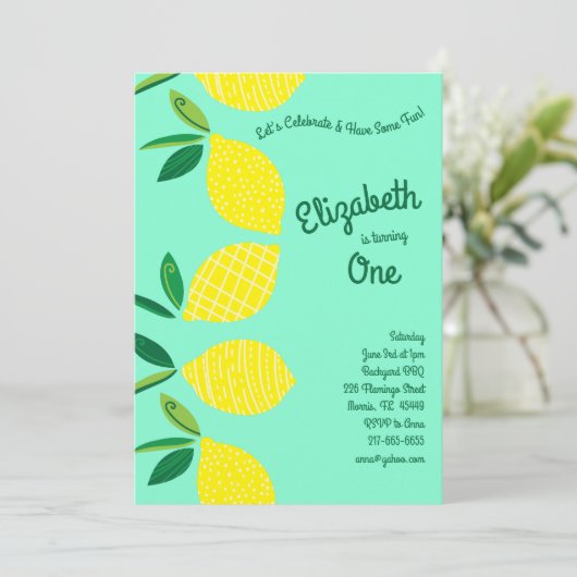 レモンフルーツかわいい子どもたち1歳の誕生日パーティー 招待状 (スタンド正面)