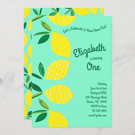 レモンフルーツかわいい子どもたち1歳の誕生日パーティー 招待状 (正面/裏面)