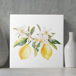 レモンフルーツとホワイトフラワーズツリーブランチ タイル