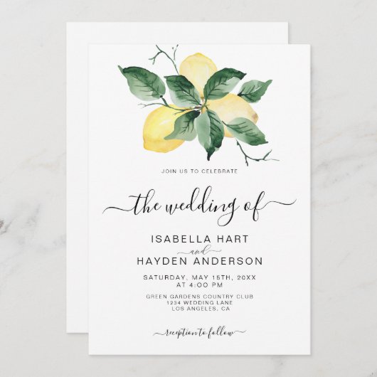 レモンフルーツイエローガーデンサマーグリーン結婚ズ 招待状 (正面/裏面)