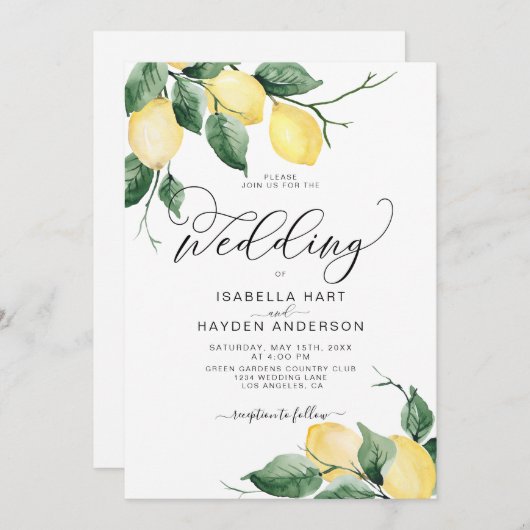 レモンフルーツイエローガーデンサマーボタニカル結婚ズ 招待状 (正面/裏面)