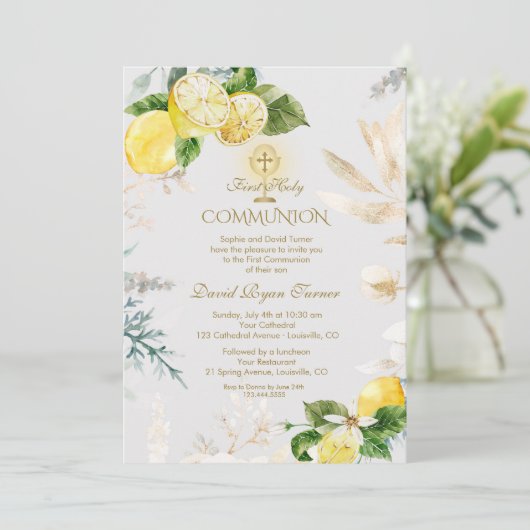 レモンフルーツエレガント金ゴールド金ゴールドファーストホーリーコミュニオン 招待状 (スタンド正面)