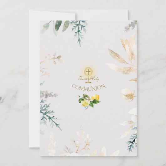 レモンフルーツエレガント金ゴールド金ゴールドファーストホーリーコミュニオン 招待状 (裏面)