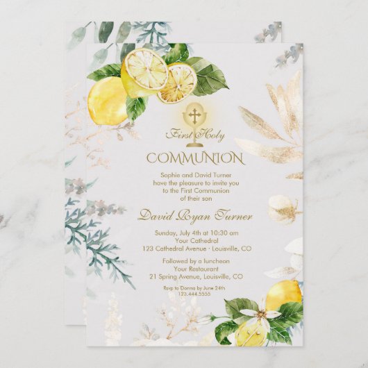 レモンフルーツエレガント金ゴールド金ゴールドファーストホーリーコミュニオン 招待状 (正面/裏面)