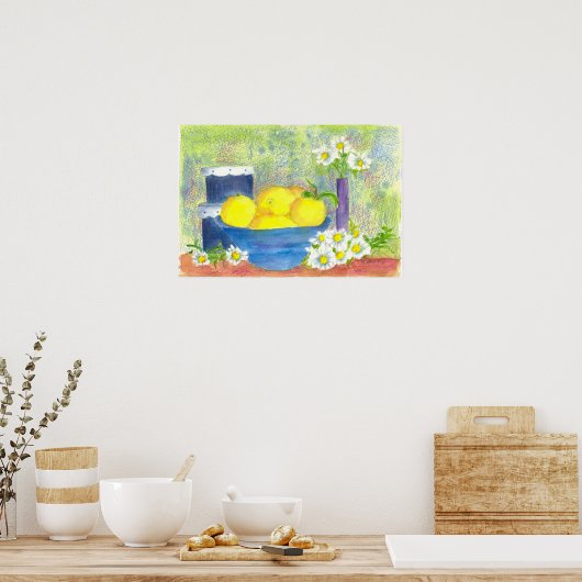 レモンフルーツボウルデイジーヴィンテージハットボックスウォーターカラー ポスター (キッチン)