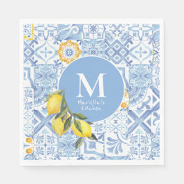 レモンフルーツモノグラム青タイル スタンダードランチョンナプキン