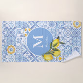 レモンフルーツモノグラム青タイル ビーチタオル (正面)