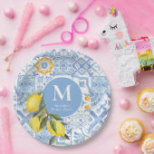 レモンフルーツモノグラム青タイル ペーパープレート (パーティー)