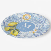 レモンフルーツモノグラム青タイル ペーパープレート (アングル)