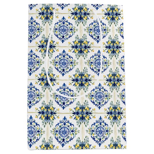 レモンフローライタリアンタイル青と白の切り離し ミディアムペーパーバッグ (正面)