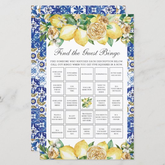 レモンフローラブライダルシャワーを見つけるゲストビンゴ (正面/裏面)