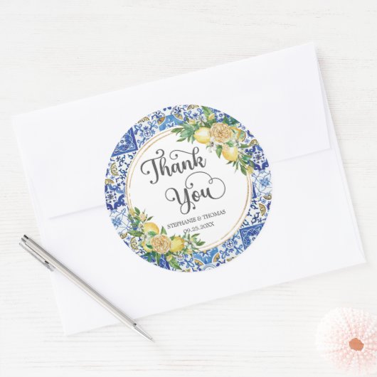レモンフローラメディテラネアンモザイク結婚タイル ラウンドシール (封筒)