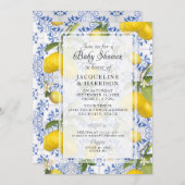 レモンフローラ柑橘類の葉ブルーホワイトベビーシャワー 招待状 (正面/裏面)