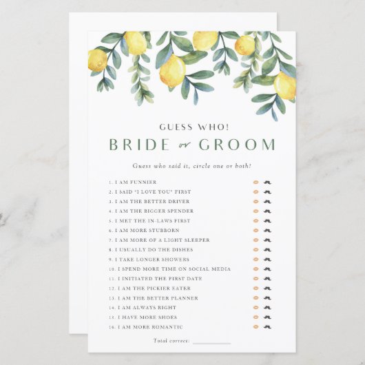 レモンブライダルシャワーゲーム彼は彼女が言った (正面/裏面)