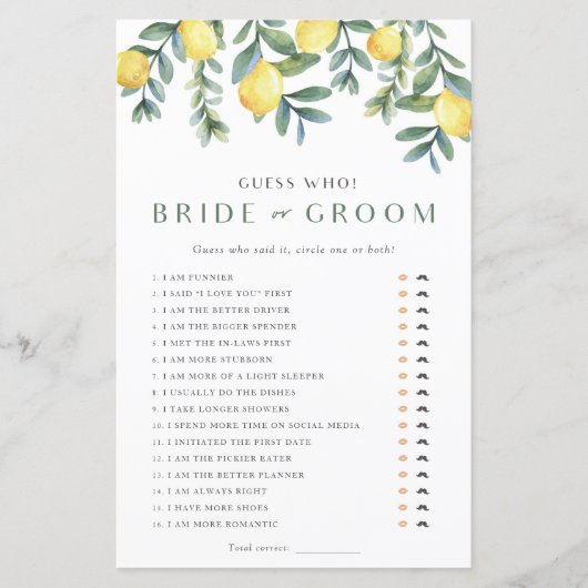 レモンブライダルシャワーゲーム彼は彼女が言った (正面)