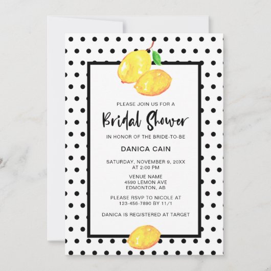 レモンブライダルシャワーハンドレタリング水玉模様 招待状 (正面)