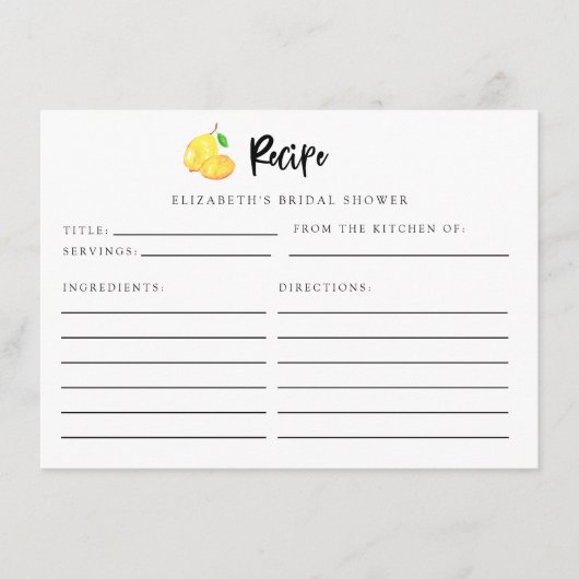 レモンブライダルシャワーレシピカーエレガントド エンクロージャーカード (正面)