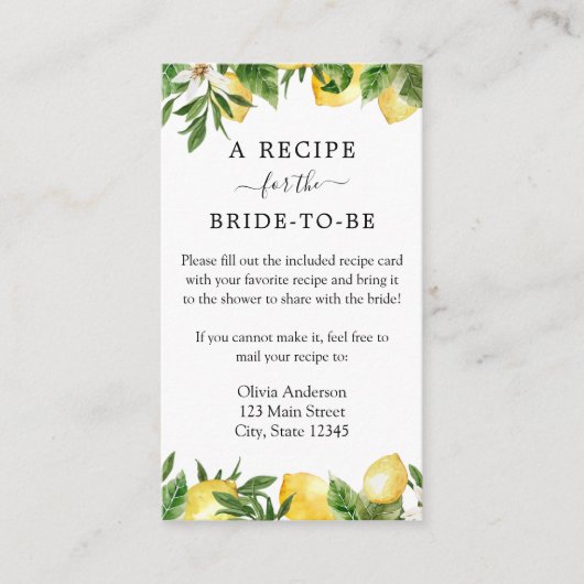 レモンブライダルシャワーレシピリクエスト エンクロージャーカード (正面)