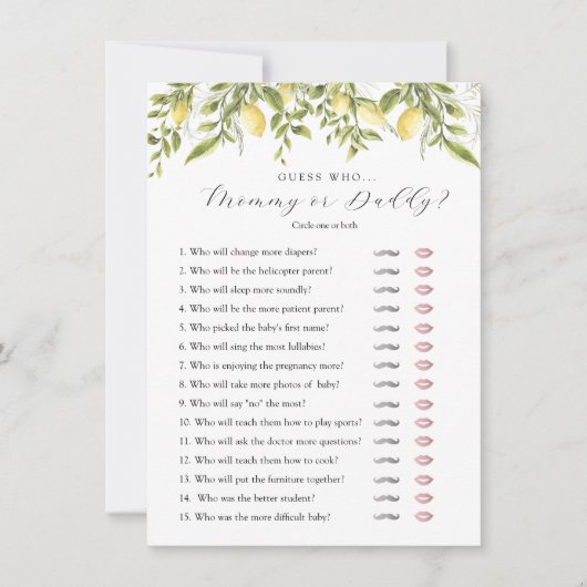 レモンブランチベビー誰がシャワーゲームカード 招待状 (正面)
